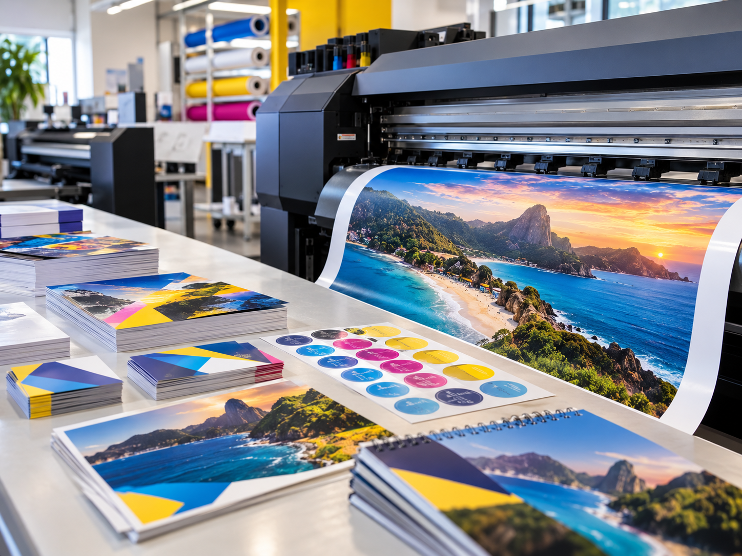 Equipamentos de impressão e materiais produzidos em uma gráfica